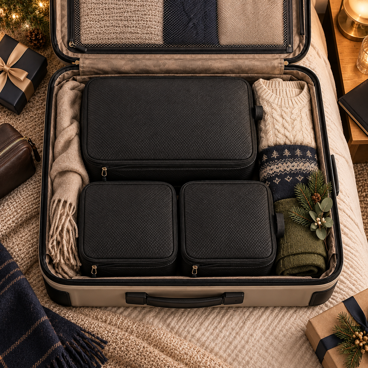 Man packing black compression cubes into a suitcase
