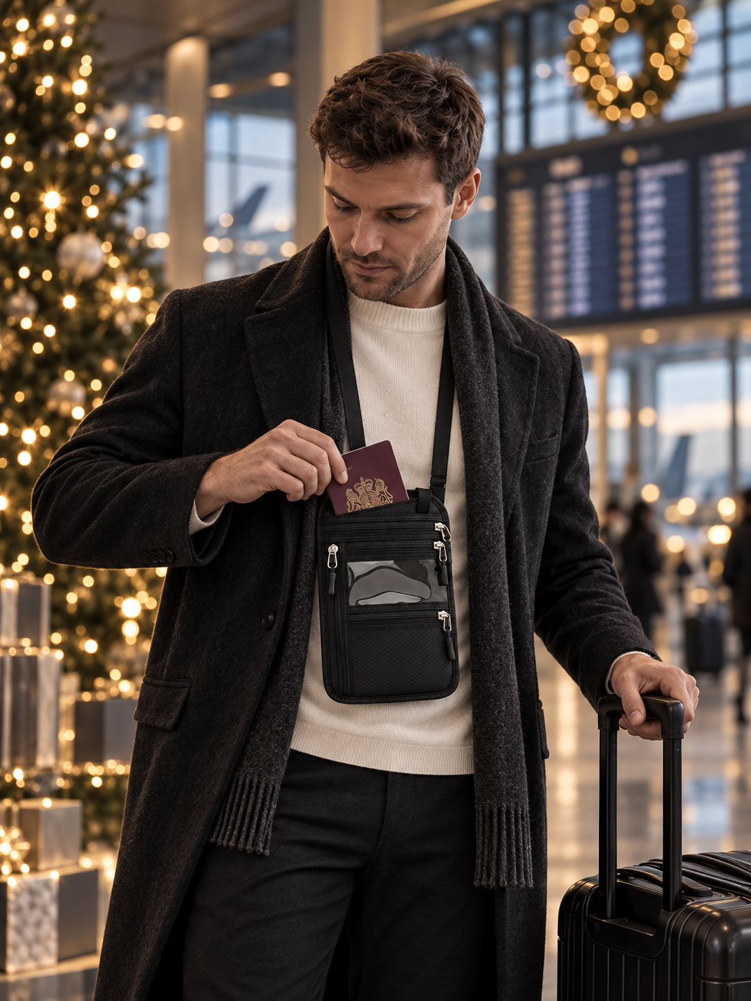 Man using a travel document wallet in an airport