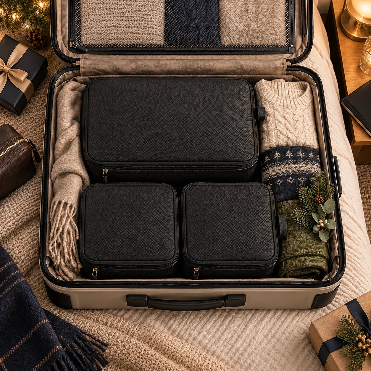 Black packing cubes and winter clothing organised in a suitcase for Christmas travel